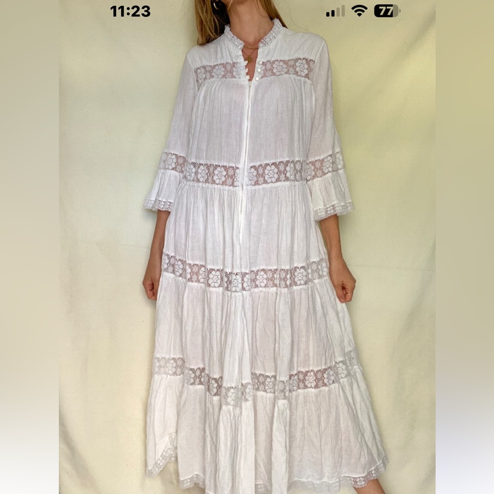 Vintage David brown white linen lace dress